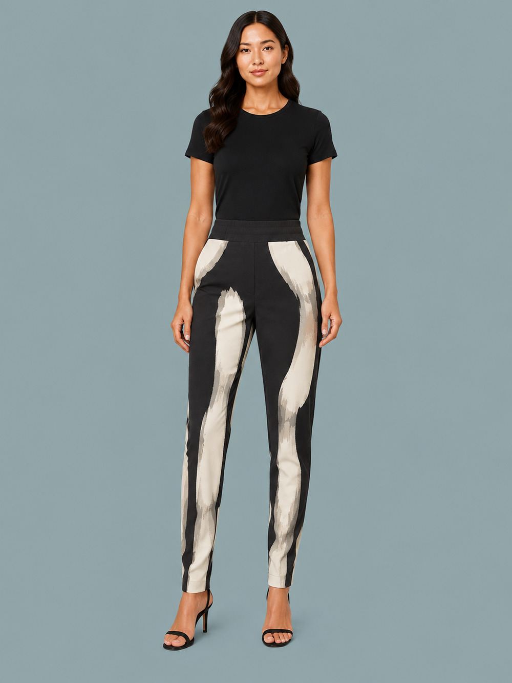 Manière De Voir Size 4 Black Cream Abstract Print Slim Leg Pull-On Stretch Pants